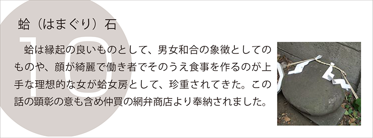 蛤（はまぐり）石：　蛤は縁起の良いものとして、男女和合の象徴としてのものや、顔が綺麗で働き者でそのうえ食事を作るのが上手な理想的な女が蛤女房として、珍重されてきた。この話の顕彰の意も含め仲買の網弁商店より奉納されました。。