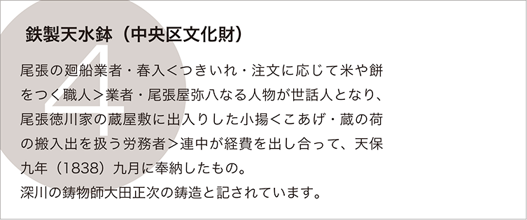 鉄製天水鉢（中央区文化財）：尾張の廻船業者・春入＜つきいれ・注文に応じて米や餅をつく職人＞業者・尾張屋弥八なる人物が世話人となり、尾張徳川家の蔵屋敷に出入りした小揚＜こあげ・蔵の荷の搬入出を扱う労務者＞連中が経費を出し合って、天保九年（1838）九月に奉納したもの。
深川の鋳物師大田正次の鋳造と記されています。