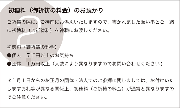 初穂料（御祈祷の料金）のお預かり